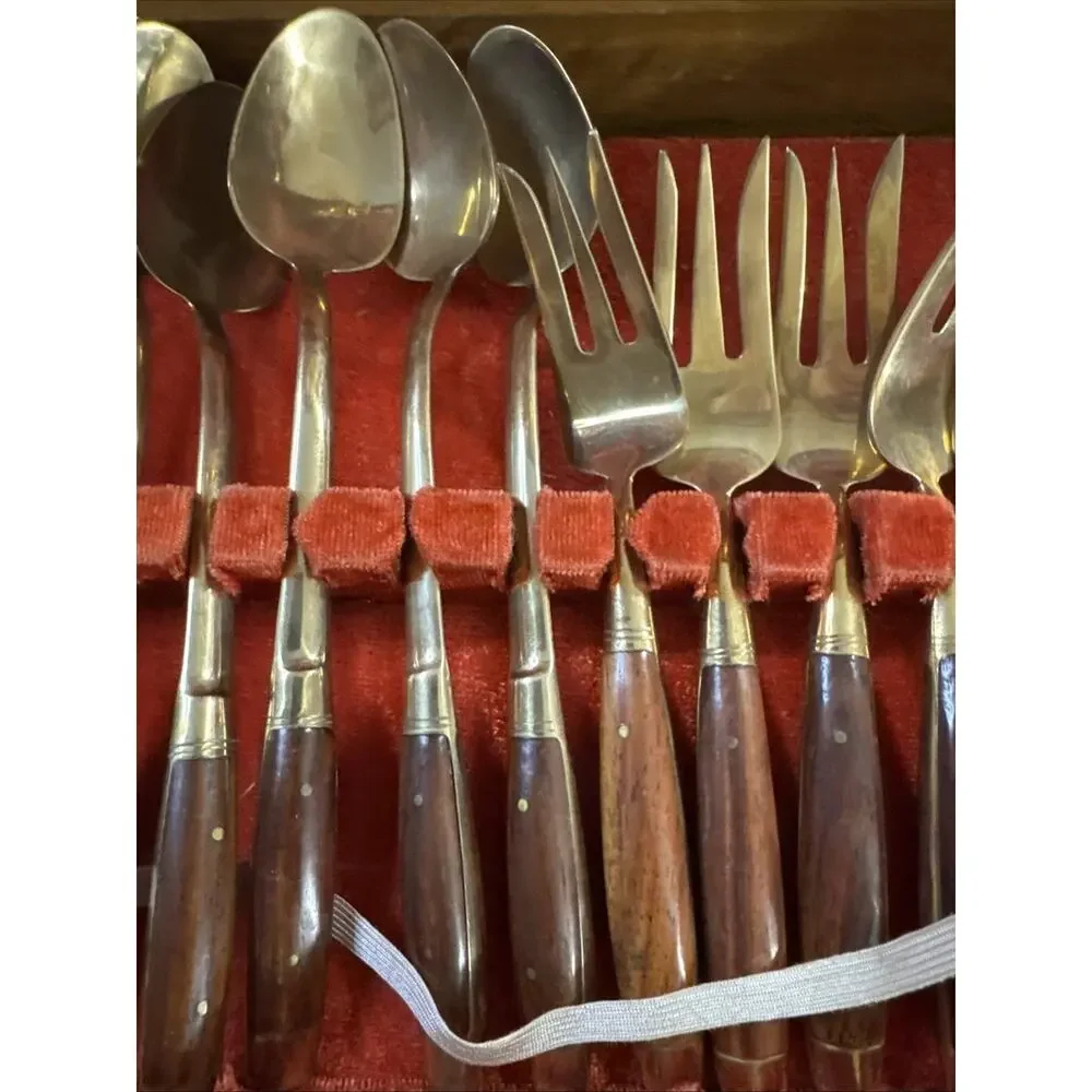 Vintage Thai Brass and Rosewood Flatware Set In Box - Svc for Twelve 142 PC READ